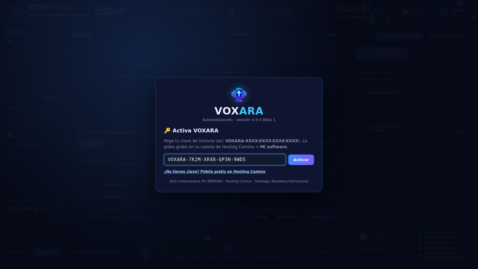 Pantalla de activación de licencia en VOXARA